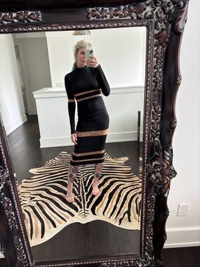 SHEIN Black Midi Dress with Tan Sheer Stripes